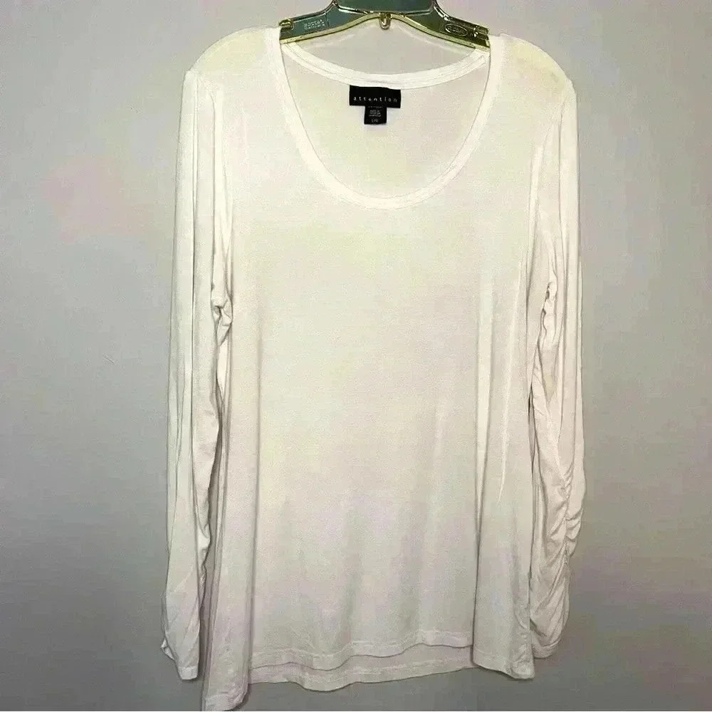 Attention Long Cinched Long Sleeve White Crew Neck Tee Shirt Suze L, EUC Comfy